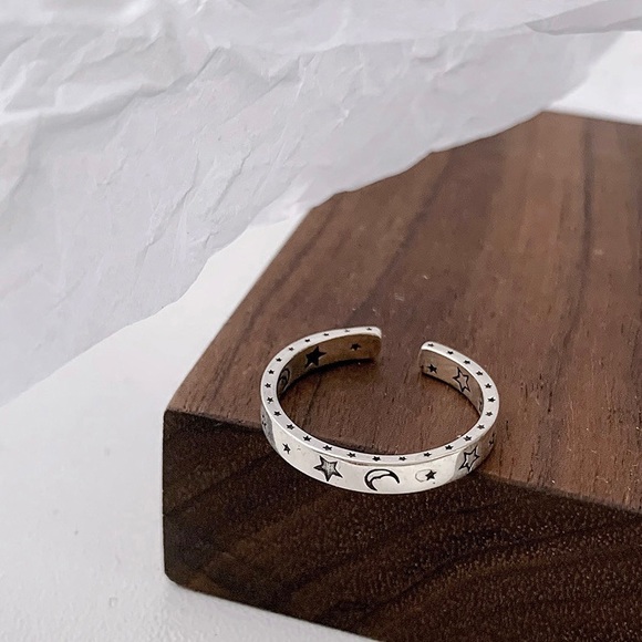 Celestial ring, Starry ring, silver stacking ring,moon and star ring, - Picture 3 of 7